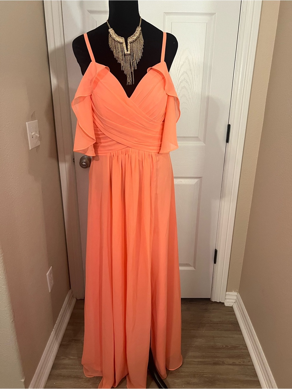 Women's Orange Off-Shoulder Chiffon Maxi Bridesmaid Evening Dress